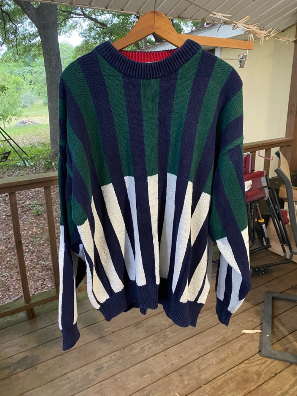 Men's Blue, Green & White Striped Crewneck Sweater
